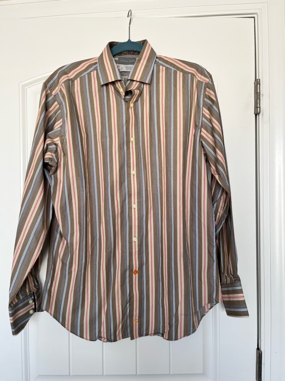 Thomas Dean Brown Striped Dress Shirt with‎ Multicolor Accents